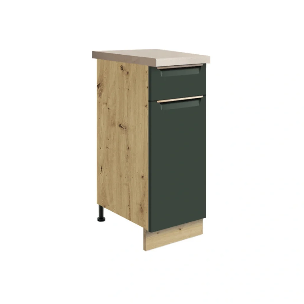 a kitchen cabinet with a green door