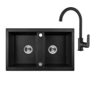 Barbados matt fkeete kétmedencés gránit mosogató csapteleppel