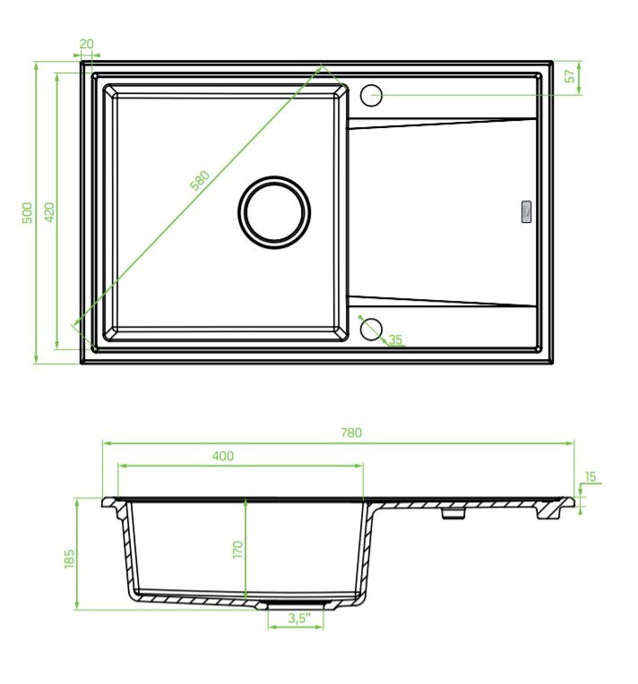 Laveo MEGALO csepptálcás jázmin mosogató dugókiemelős helytakarékos szifonnal - Image 2