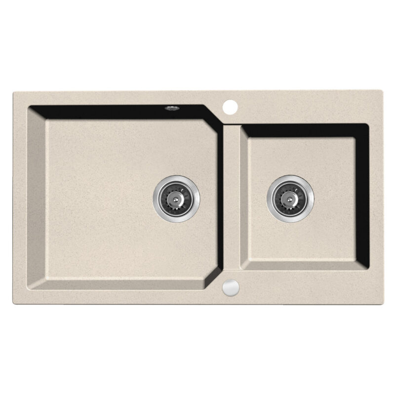 Laveo MILOS 2M 90 kétmedencés bézs gránit mosogató helytakarékos dugókiemelős szifonnal