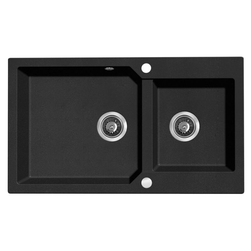 Laveo MILOS 2M 90 kétmedencés gránit szemcsés fekete mosogató helytakarékos dugókiemelős szifonnal