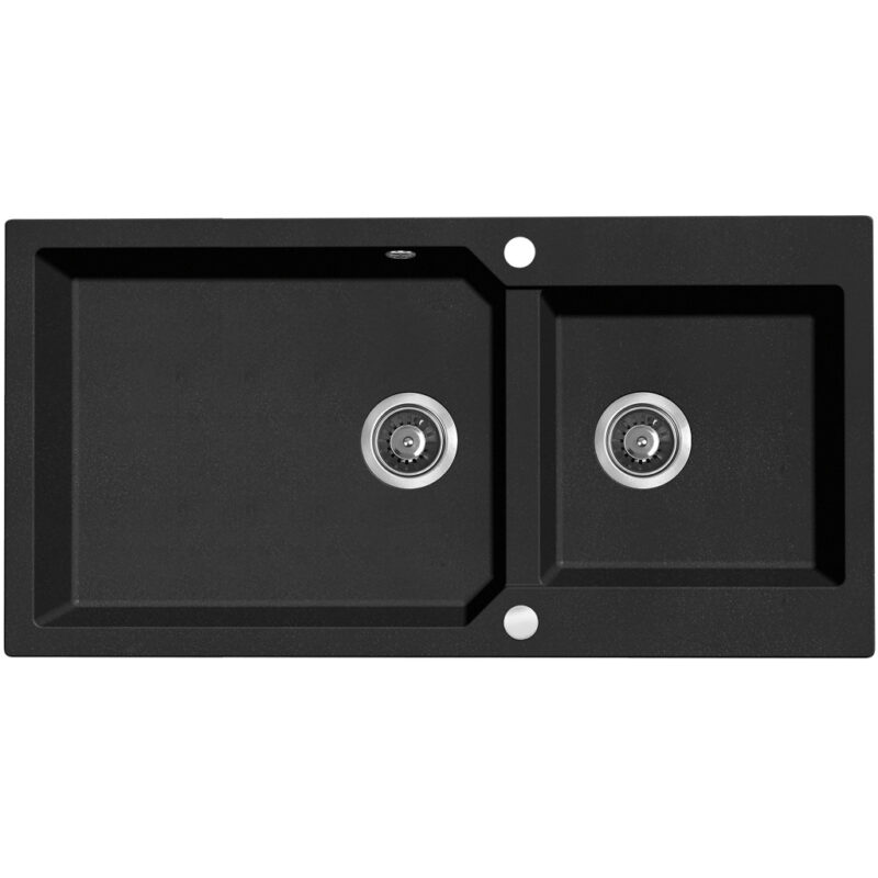 Laveo MILOS 2M 100 kétmedencés fekete gránit mosogató helytakarékos dugókiemelős szifonnal