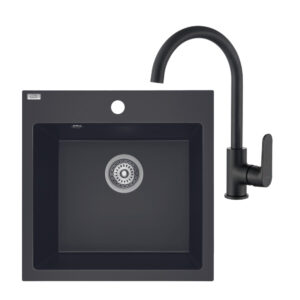 Laveo ALENA matt fekete szett álló csappal, helytakarékos szifonnal