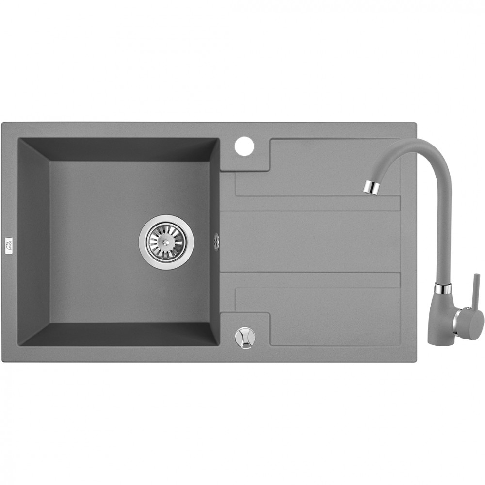 Laveo BARBADOS csepptálcás szürke szett álló csappal dugókiemelős helytakarékos szifonnal