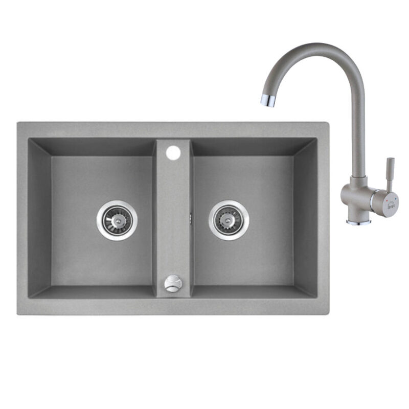 Laveo BARBADOS szürke kétmedencés szett álló csappal, dugókiemelős helytakarékos szifonnal