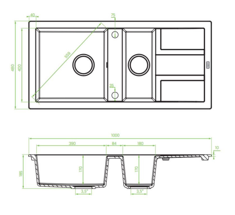 Laveo BARBADOS szürke 1,5 medencés mosogató dugókiemelős helytakarékos szifonnal