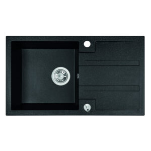 Laveo BARBADOS szemcsés fekete csepptálcás mosogató dugókiemelős helytakarékos szifonnal