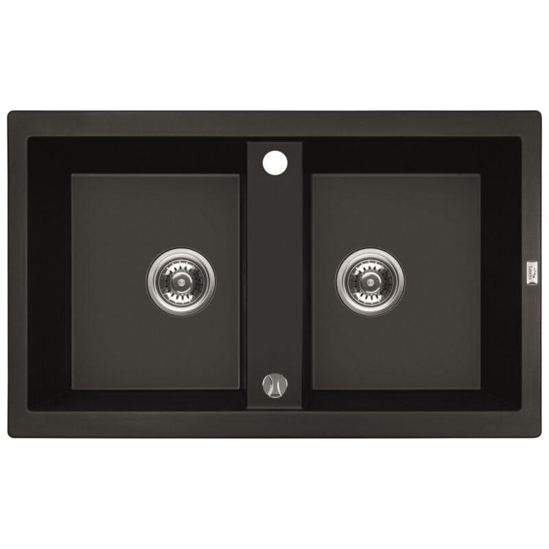 Laveo BARBADOS matt fekete kétmedencés mosogató dugókiemelős helytakarékos szifonnal