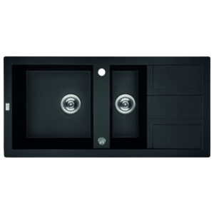 Laveo BARBADOS matt fekete 1,5 medencés mosogató dugókiemelős helytakarékos szifonnal