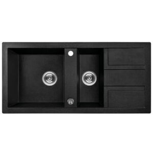 Laveo BARBADOS szemcsés fekete 1,5 medencés mosogató dugókiemelős helytakarékos szifonnal