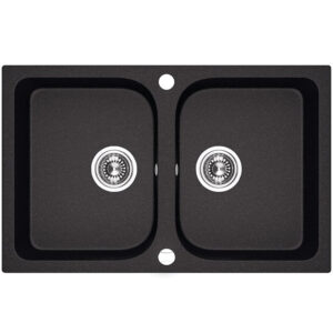 Laveo CELIA matt fekete kétmedencés mosogató dugókiemelős helytakarékos szifonnal