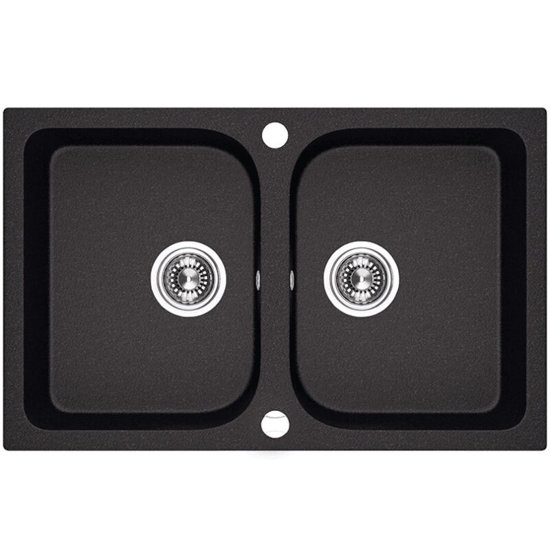 Laveo CELIA szemcsés fekete kétmedencés mosogató dugókiemelős helytakarékos szifonnal