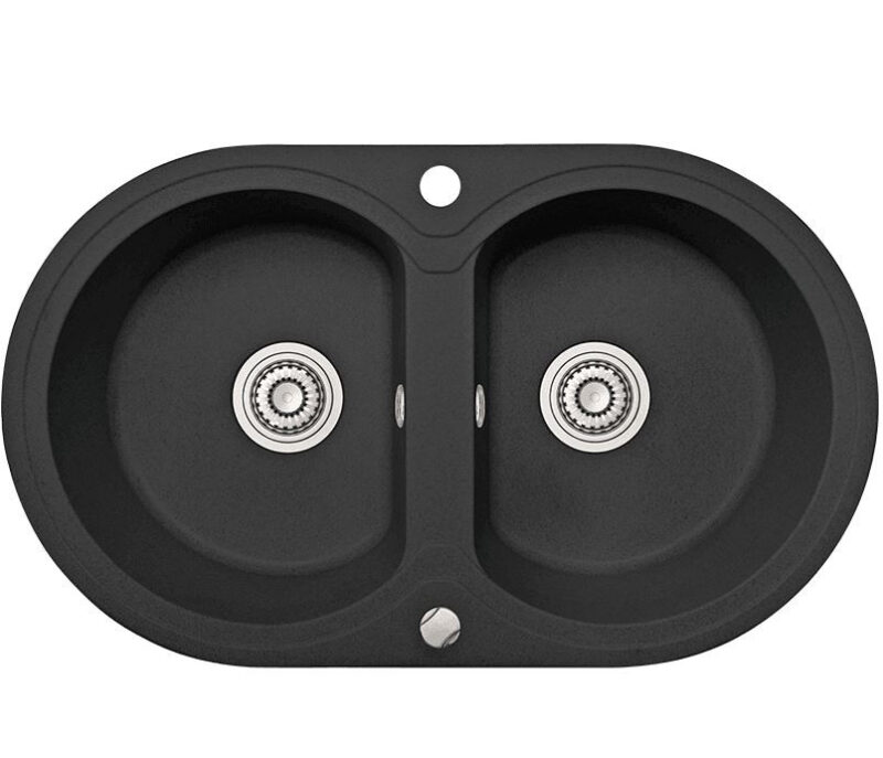 Laveo DAFNE kétkör szemcsés fekete mosogató dugókiemelős helytakarékos szifonnal