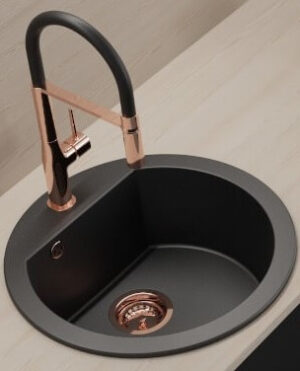 Laveo DAFNE egykör matt fekete mosogató csaplyukkal, helytakarékos szifonnal