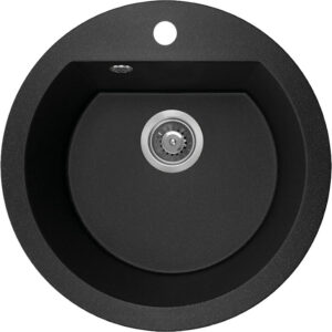 Laveo DAFNE egykör szemcsés fekete mosogató csaplyukkal, helytakarékos szifonnal