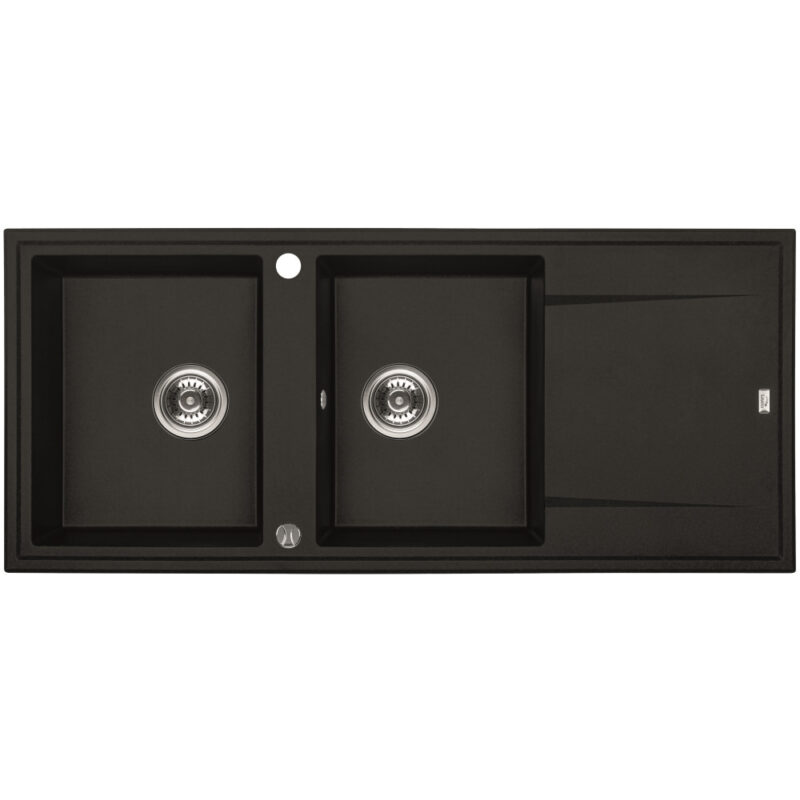 Laveo MEGALO kétmedence csepptálcás matt fekete mosogató dugókiemelős, helytakarékos szifonnal