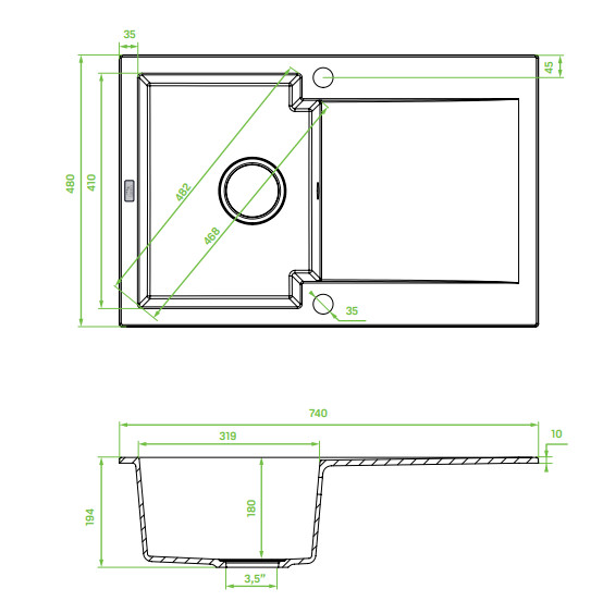 Laveo PICO 45S egymedence csepptálcás szürke gránit mosogató helytakarékos szifonnal - Image 2
