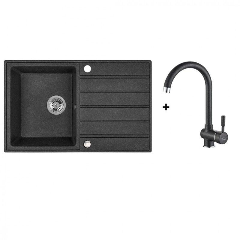 Laveo MARGARITA szemcsés fekete szett álló csappal, automata dugókiemelős, helytakarékos szifonnal