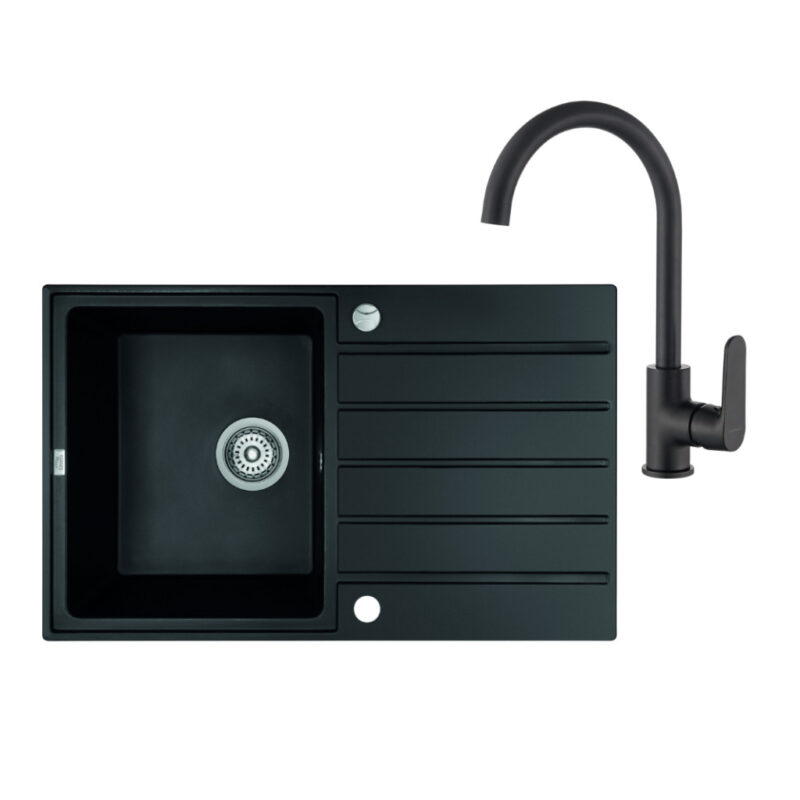 Laveo MARGARITA matt fekete szett álló csappal, dugókiemelős szifonnal